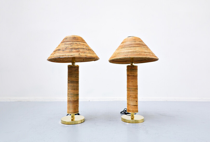 Pair of modern italian brass and bamboo table lamp