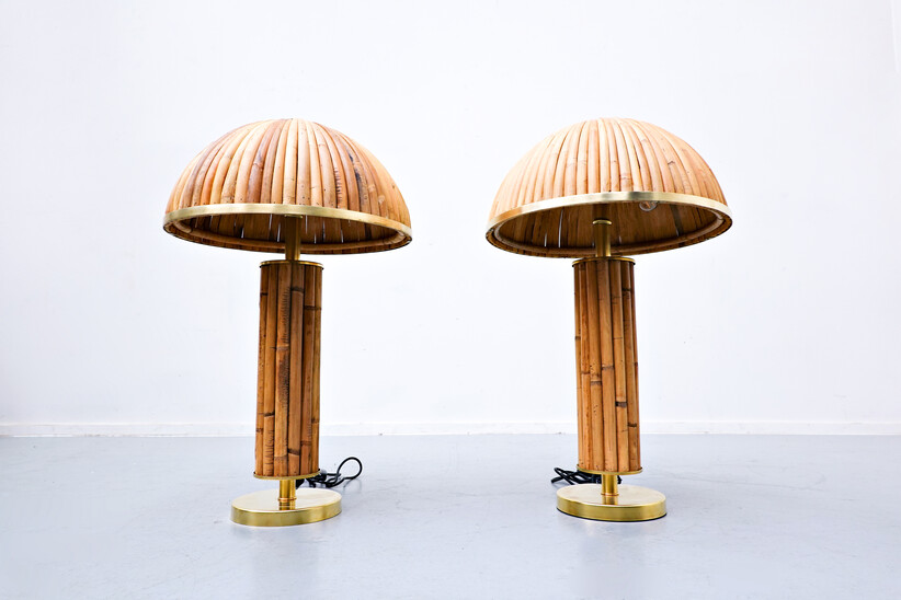 Pair of modern italian brass and bamboo table lamp