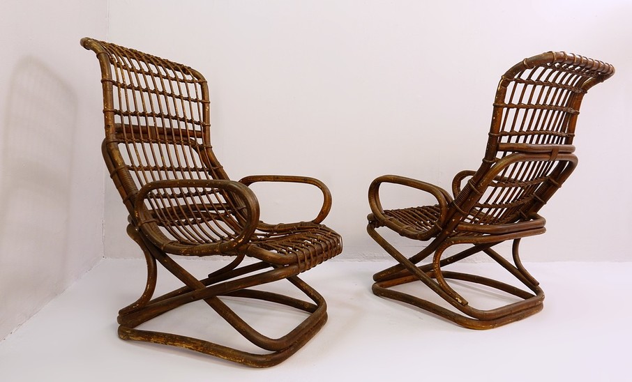 Pair Of Rattan Lounge Chairs By Tito Agnoli , 1960s