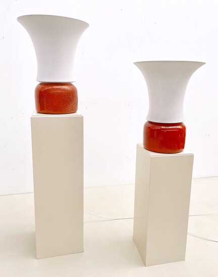 Pair of Red and White Ceramic and Fabric Lamps, Italy, 1960s