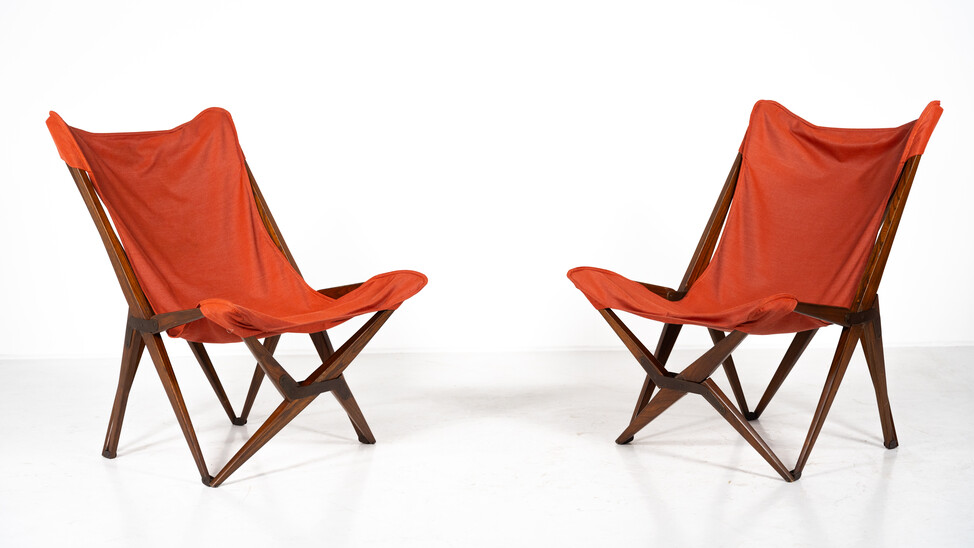 Pair of Red Tripolina Folding Chairs by Joseph B. Fenby