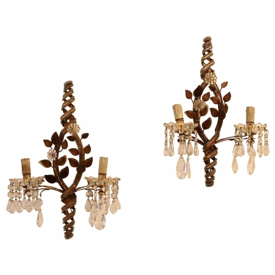 Pair Of Sconces With Pendants, Maison Baguès, Paris 1940s.