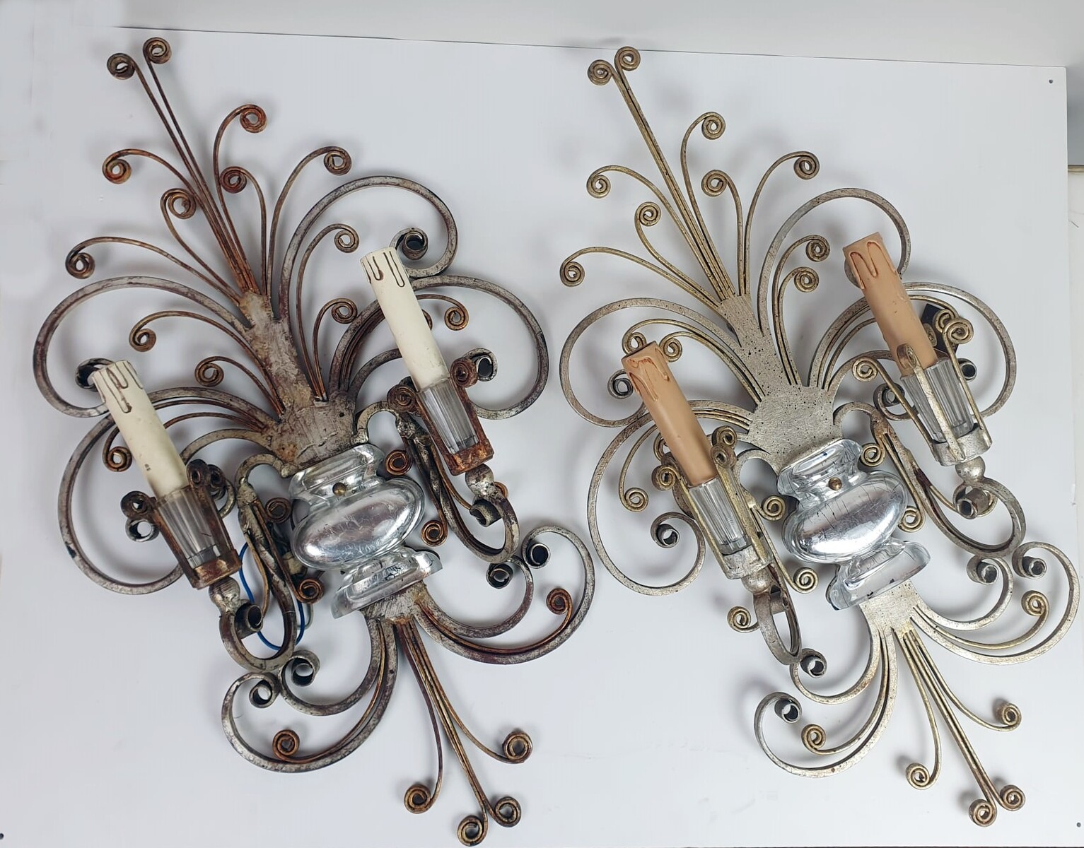 Pair of Silver Wrought Iron And Glass Wall Lights by Banci , Italy, 1940s