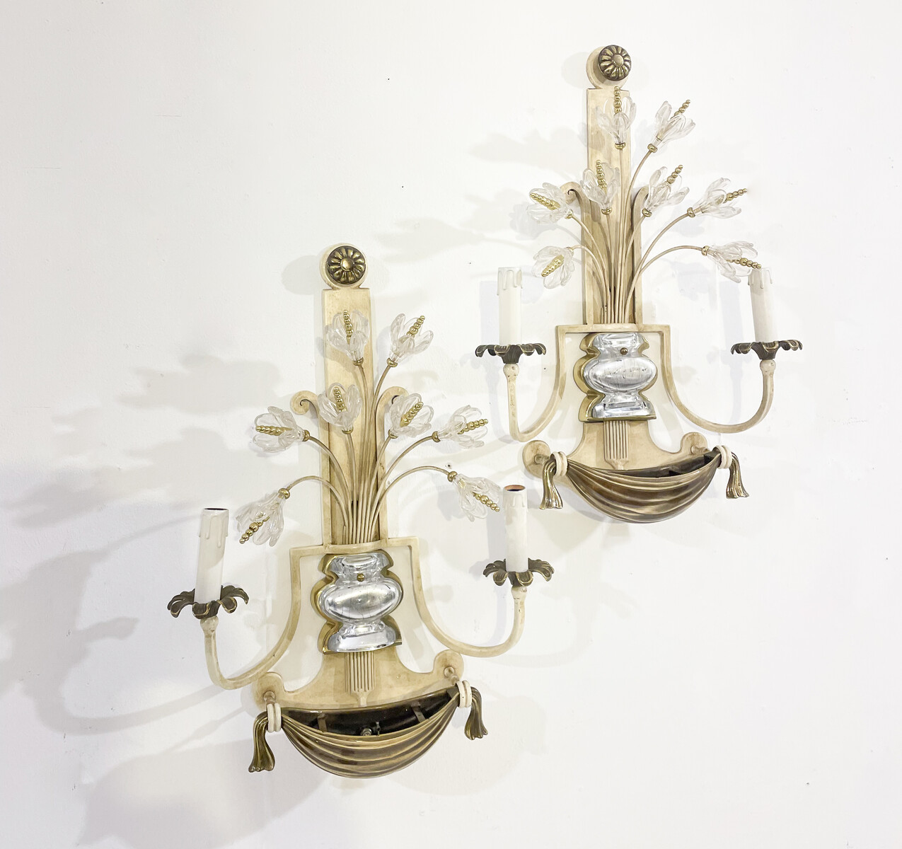 Pair of Silver Wrought Iron And Glass Wall Lights by Banci , Italy, 1940s