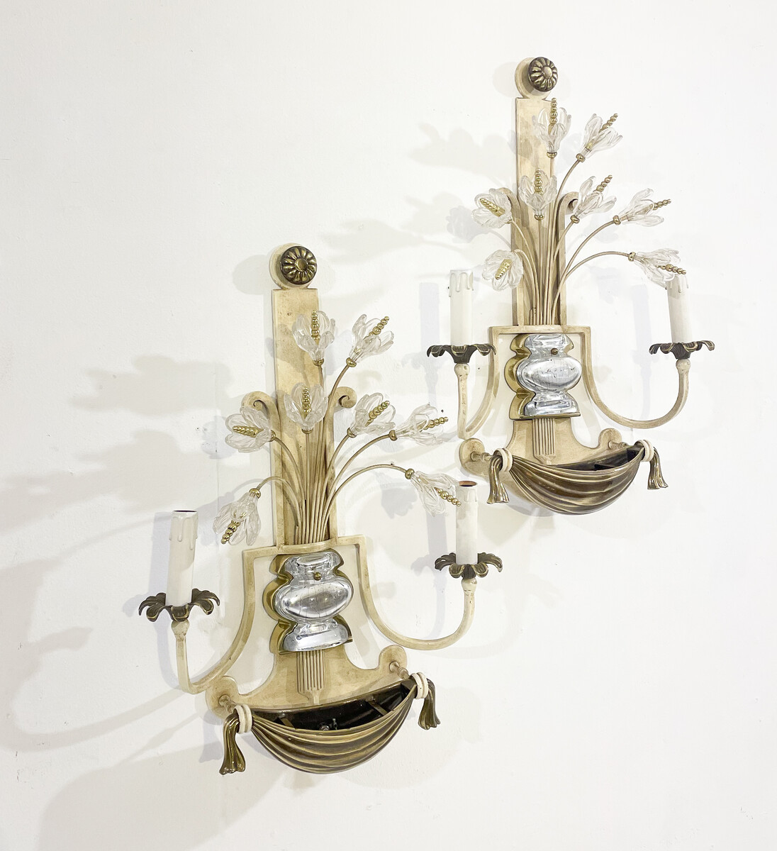 Pair of Silver Wrought Iron And Glass Wall Lights by Banci , Italy, 1940s