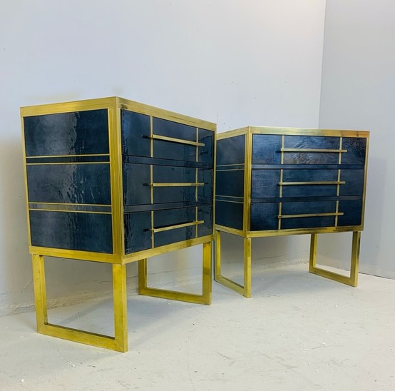 Pair of Small Italian Pearl Glass and Brass Chest of Drawers