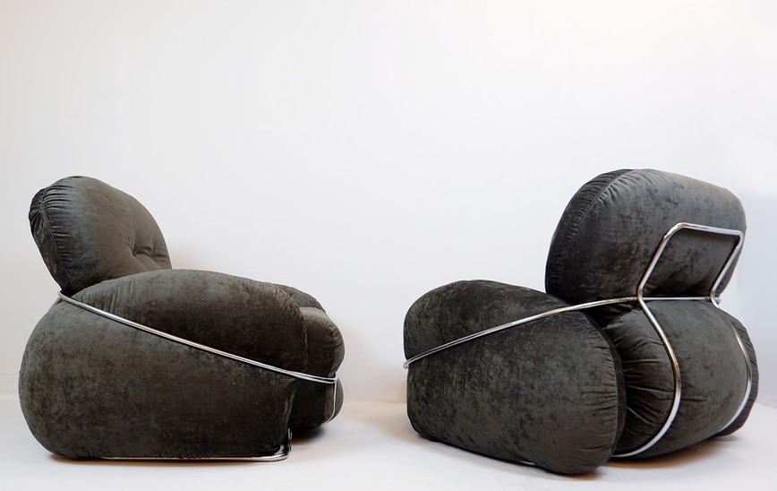 Pair Of Velvet And Chrome Italian Club Chairs