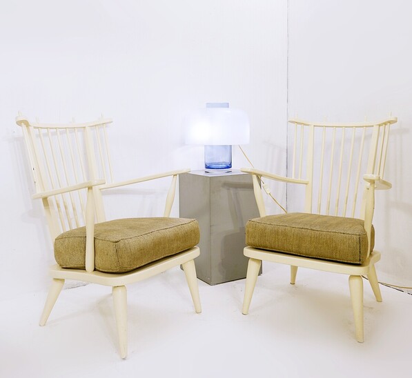 Pair of White Lacquered Wood Spoke Back Armchairs