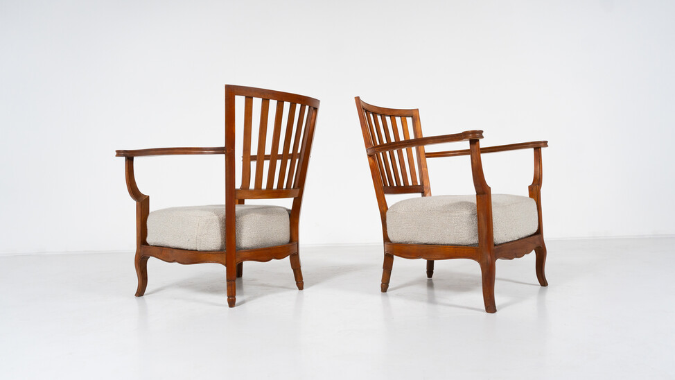 Pair of Wooden and Fabric Armchairs - New Upholstery