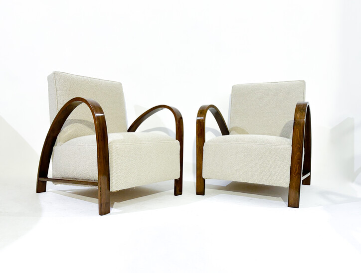 Pair of Wooden and Fabric Art Deco Armchairs - New Upholstery 