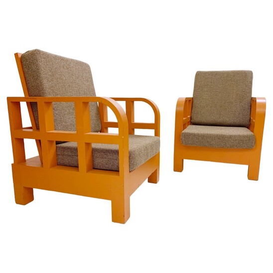 Pair of wooden orange Hungarian armchairs - 1930s