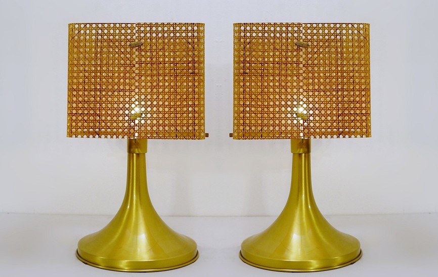 Pair Of Woven Caning And Plexiglass Shade Tables Lamps