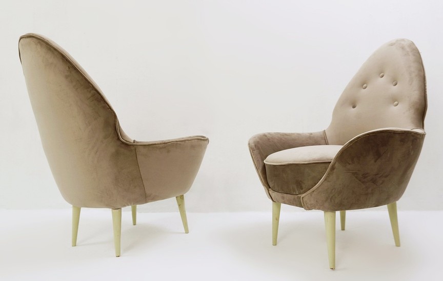 pointed back italian armchairs - new grey velvet upholstery 