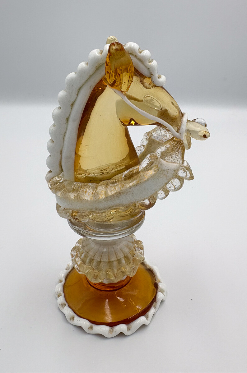 Rare Chess Set Composed of 32 Solid Amber Glass Pieces, finished in white or black pâte de verre, with gold leaf decoration, Barbini,Pauly & C, Murano, 1930s