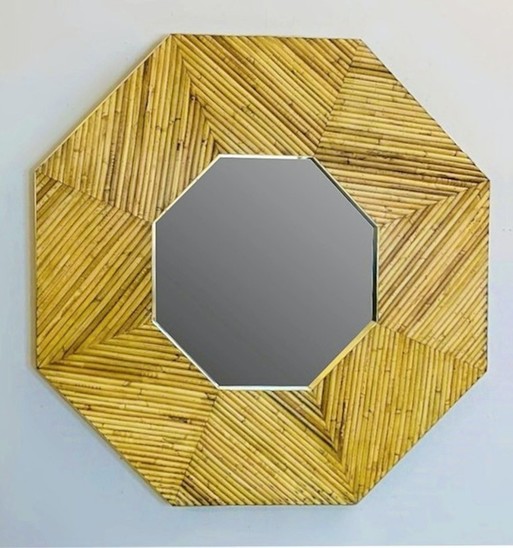 Rattan and Brass Framed Mirror (2 Available)