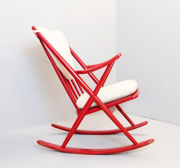 Red Lacquered Danish Rocking Chair By Frank Reenskaug For Bramin
