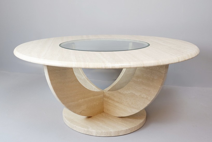Round Travertine & Glass Coffee Table