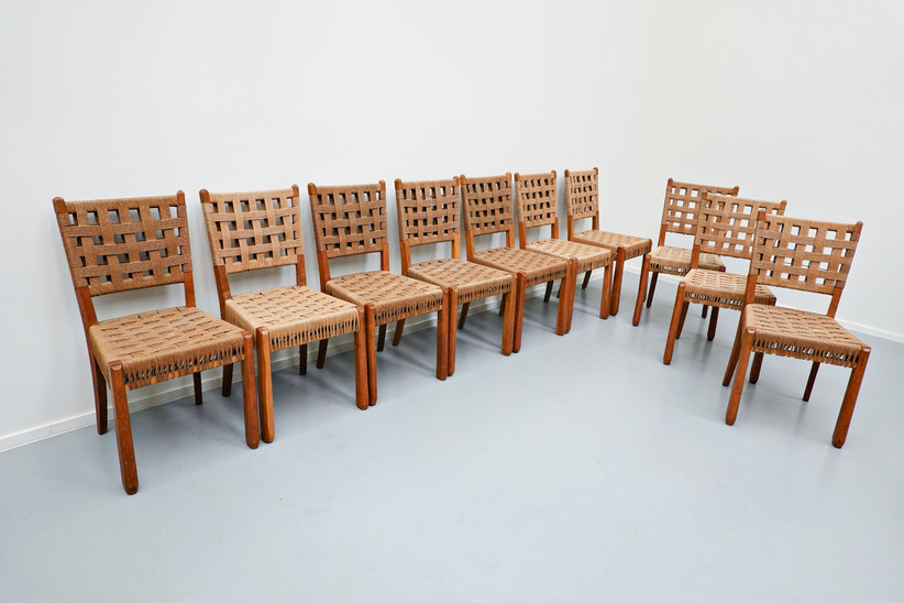 Set of 10 Oak and Rope Chairs, 1940s