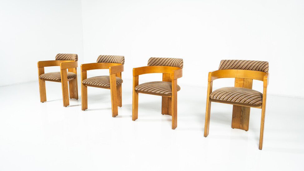 Set of 4 Armchairs, Wood and Fabric, Italy, 1970s