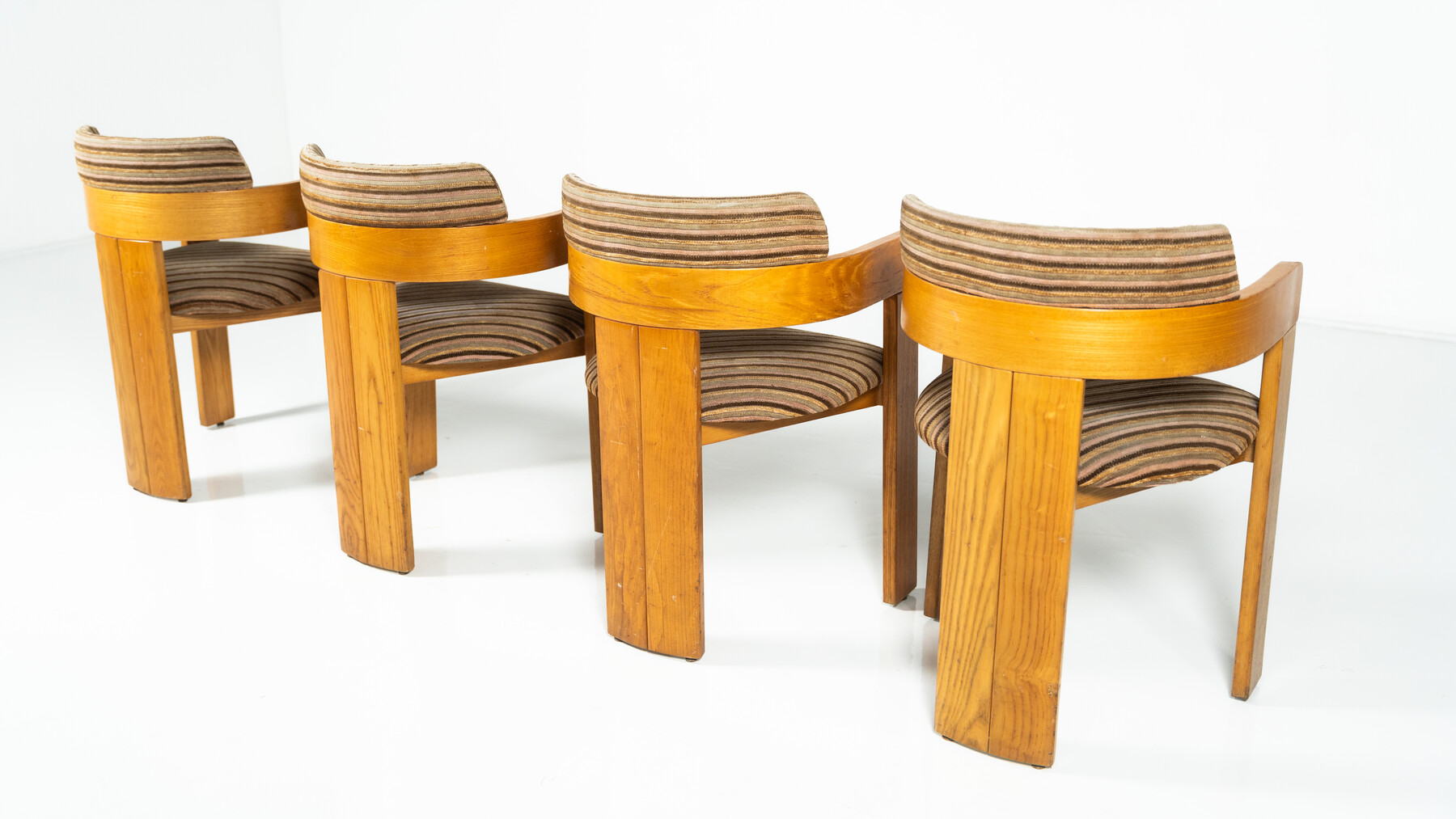Set of 4 Armchairs, Wood and Fabric, Italy, 1970s