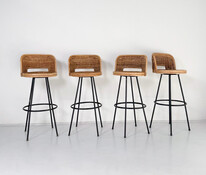 Set of 4 Bar Stools, Wicker and Wrought Iron, 1960s