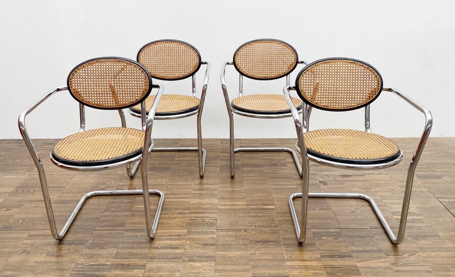 Set of 4 mid-century italian tubular and caning chairs