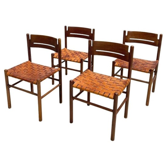 Set of 4 mid-century wood and leather dining chairs - Italy 1960s