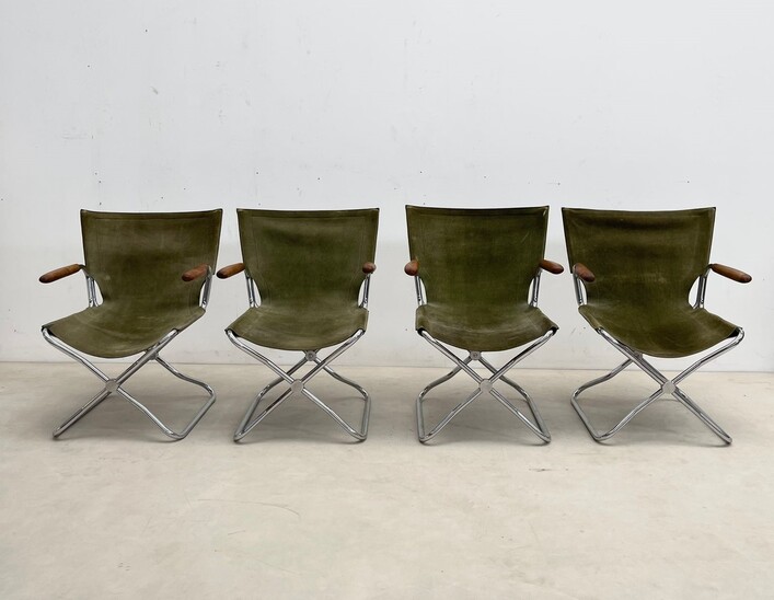 Set of 4 mid-century wood metal and green canvas folding armchairs 