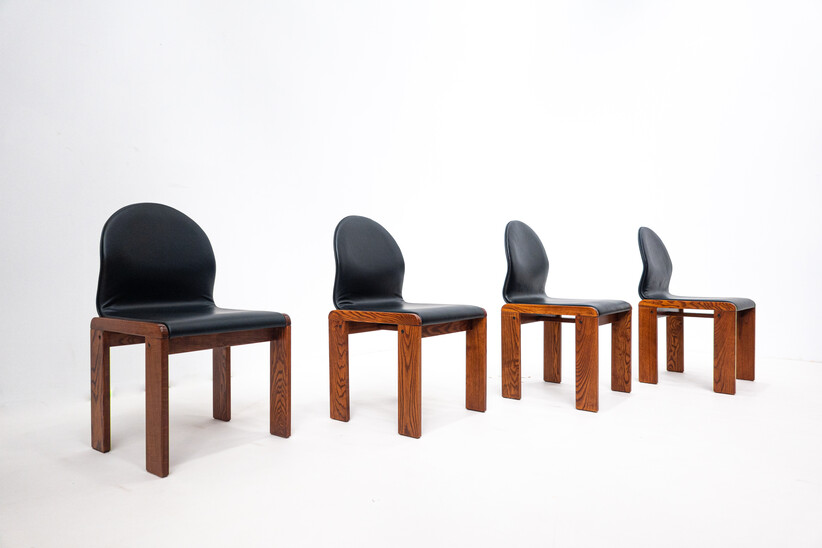 Set of 4 Walnut and Leather Chairs by Afra and Tobia Scarpa, Italy, 1970s