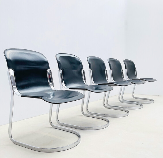 Set of 5 Dining Chairs by Willy Rizzo for Cidue, Leather and Steel, Italy,1970s