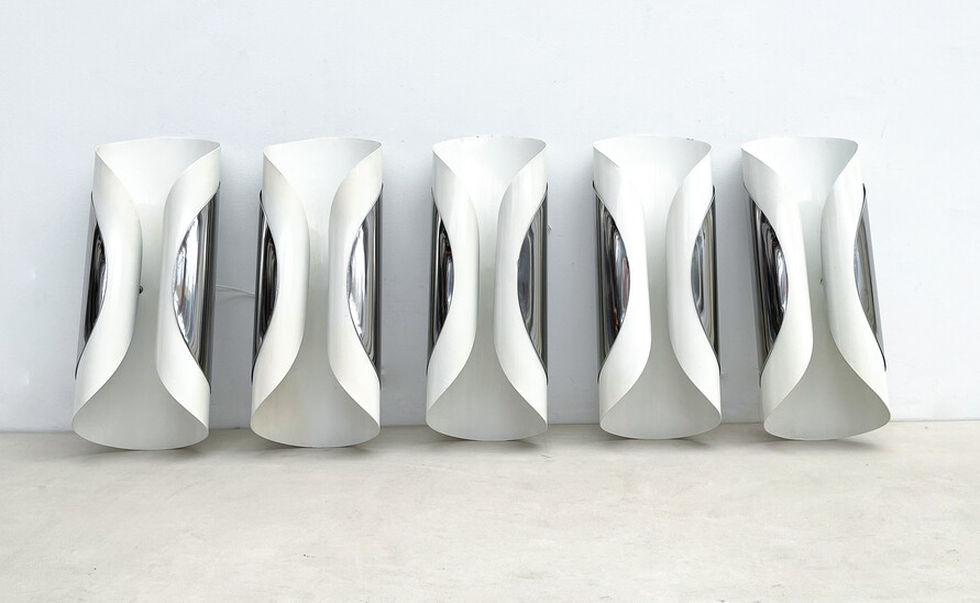 Set of 5 Mid-Century Modern White Metal and Chrome Sconces - Italy 1970s