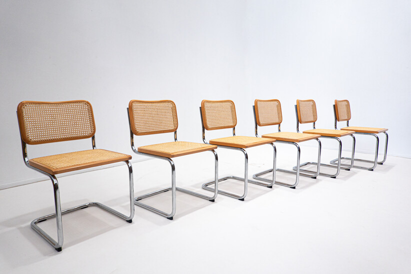 Set of 6 Cane and Wood Chairs, Marcel Breuer Style, Italy, 1960s