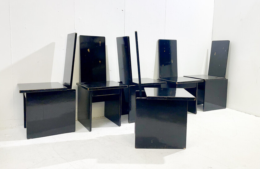 Set of 6 constructivist black wooden dining chairs - Hungary c.1930