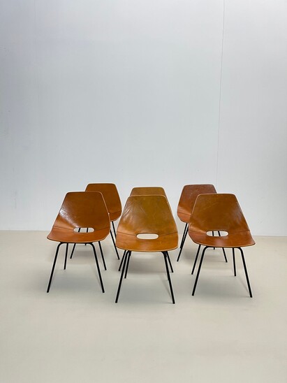Set of 6 Leather Tonneau Chairs by Pierre Guariche, 1950s