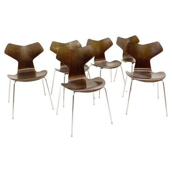 Set of 6 mid-century wood and metal dining chairs by Arne Jacobsen for Fritz Hansen - Denmark 1960s