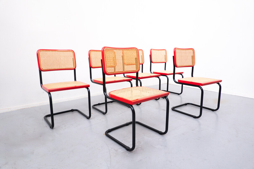 Set of 6 Red  and Canework Chairs by Simon International, Italy, 1960s