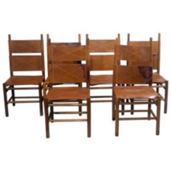 Set of 6 Walnut and Cognac Leather Chairs by Carlo Scarpa for Bernini, Late 20th Century
