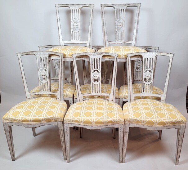 Set  Of 8 Directoire Style Chairs, Wood and Fabric,Belgium