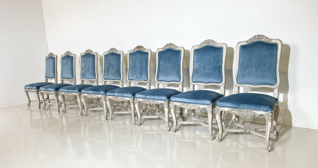 Set of 8 Regency Style Chairs, Light Blue Velvet and Wood, Belgium, 2000s