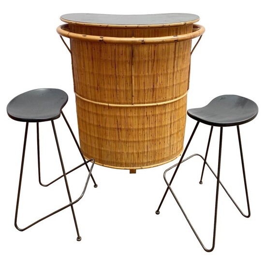 Set of Bamboo Bar and 2 High Stools, 1960s