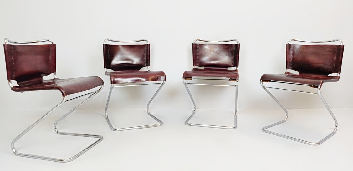 Set Of Four Leather And Chrome Dinign Chairs - Italy 1970s