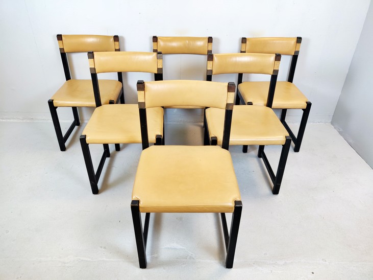 Set of Six Chairs, Wood and Leather, Circa 1970