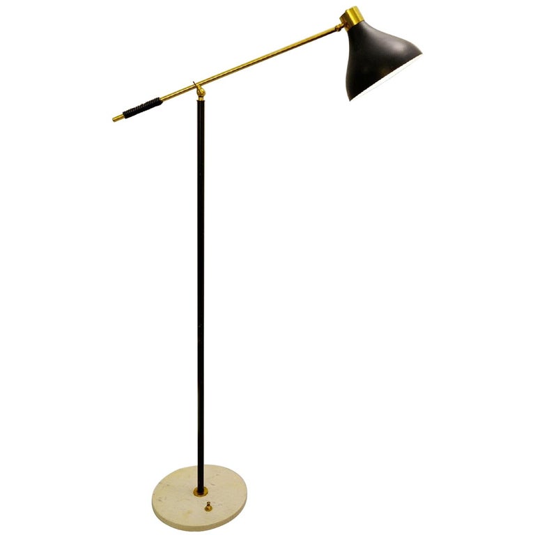 Stilnovo Floor Lamp With Marble Base and  Brass Arm,  1950s