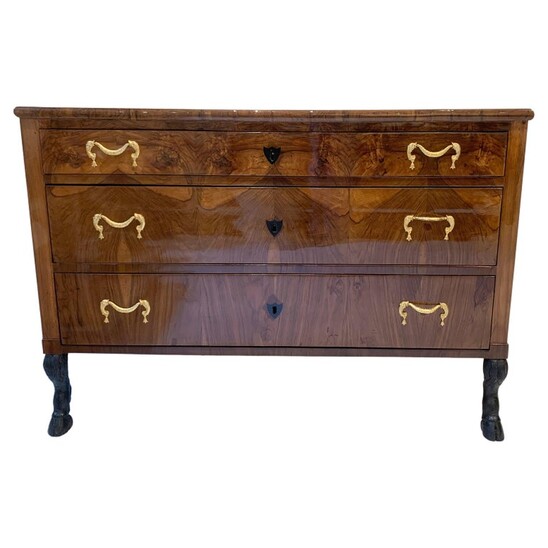 Walnut Biedermeier Chest of drawers with Ebonized Wood and Brass Handles, 1820s