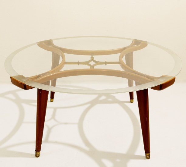 Wood & Brass Coffee Table Circular Glass Top