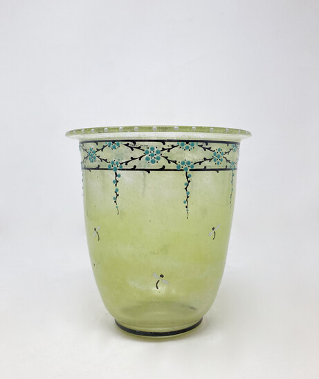 Yellow/green Glass Vase by Marcel Goupy, Decorated with a frieze and enameled dragonflies, Signed